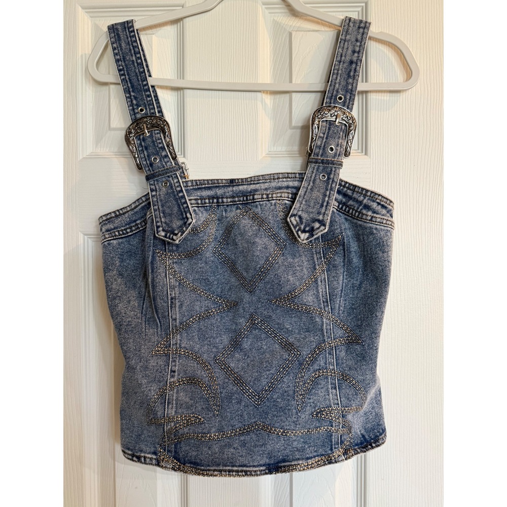 Blue B Collection Acid Wash Denim Western Corset Top Buckle Straps Blue Small